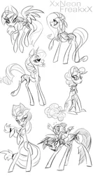 Size: 651x1228 | Tagged: safe, artist:xxneonfreakxx, derpibooru import, applejack, fluttershy, pinkie pie, rainbow dash, rarity, spike, twilight sparkle, twilight sparkle (alicorn), alicorn, pony, female, mare, monochrome, older