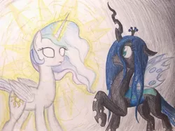 Size: 1033x773 | Tagged: safe, artist:thefriendlyelephant, derpibooru import, princess celestia, queen chrysalis, alicorn, changeling, changeling queen, ghost, pony, duo, shiny, spiritlestia, startled, traditional art