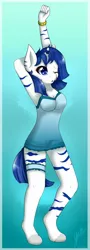 Size: 537x1488 | Tagged: anthro, anthro oc, armpits, artist:eloise-chan, clothes, derpibooru import, garter, oc, oc:umbra, safe, solo, stretching, unofficial characters only, zebracorn