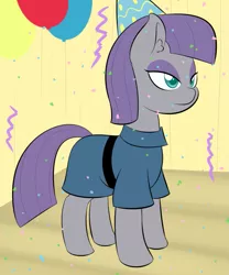 Size: 693x834 | Tagged: safe, artist:lamia, derpibooru import, maud pie, confetti, happy, maud on the farm, party, solo, streamers