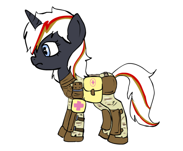 Size: 850x700 | Tagged: safe, artist:glue123, derpibooru import, oc, oc:velvet remedy, unofficial characters only, pony, unicorn, fallout equestria, fanfic, armor, fallout, fanfic art, female, fluttershy medical saddlebag, horn, mare, medical saddlebag, saddle bag, simple background, solo, transparent background