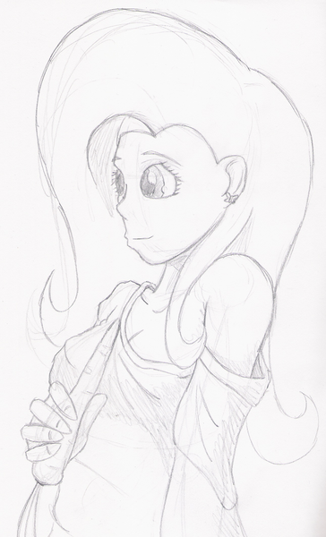 Size: 1291x2128 | Tagged: artist:wryte, bare shoulder portrait, carrot, clothes, derpibooru import, fluttershy, human, humanized, monochrome, off shoulder, safe, solo, sweater, sweatershy, traditional art