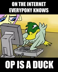 Size: 800x1000 | Tagged: artist:rawrienstein, computer, derpibooru import, duck, fluttershy, male, mallard, on the internet nobody knows you're a dog, op, reaction image, safe