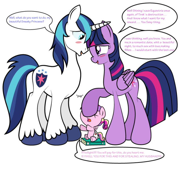 Size: 790x752 | Tagged: questionable, artist:paperlover, derpibooru import, princess cadance, shining armor, twilight sparkle, twilight sparkle (alicorn), alicorn, pony, age regression, baby, baby pony, cuckquean, engrish, female, incest, infidelity, male, mare, princess cuckdance, shiningsparkle, shipping, simple background, straight, transparent background, vector