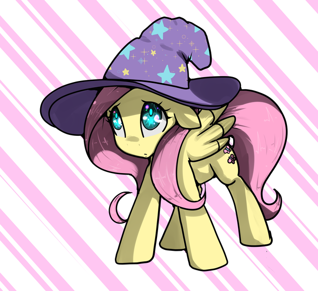 Size: 4974x4548 | Tagged: safe, artist:acharmingpony, derpibooru import, fluttershy, absurd resolution, accessory swap, floppy ears, frown, hat, looking up, shy, solo, the great and powerful, trixie's hat, wingding eyes