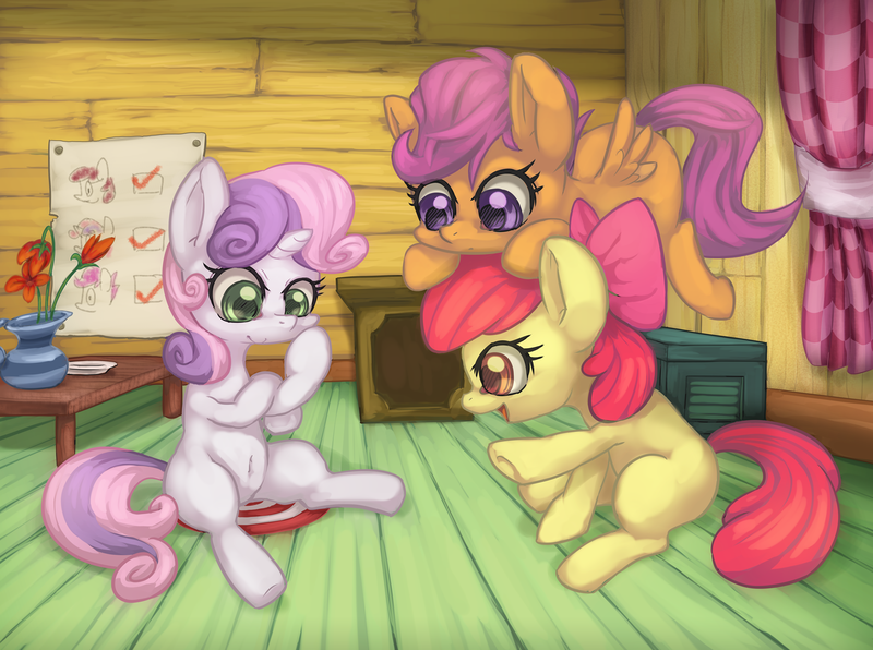 Size: 1920x1430 | Tagged: safe, artist:yutoraru, derpibooru import, apple bloom, scootaloo, sweetie belle, earth pony, pegasus, pony, unicorn, belly button, clubhouse, crusaders clubhouse, cutie mark crusaders, female, filly, flower vase, pixiv, scootahat