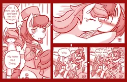 Size: 800x519 | Tagged: safe, artist:vavacung, derpibooru import, applejack, oc, oc:chang, changeling, comic:when villain win, alternate universe, applechang, canon x oc, comic, crying, dialogue, disguise, disguised changeling, female, kissing, loose hair, male, monochrome, shipping, straight, surprise kiss