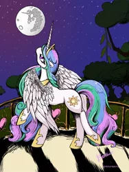 Size: 1536x2048 | Tagged: artist:altohearts, balcony, castle, derpibooru import, mare in the moon, moon, night, princess celestia, safe, solo, spread wings, stargazing, stars