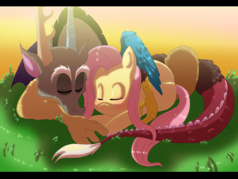 Size: 1024x768 | Tagged: safe, artist:blazemizu, derpibooru import, discord, fluttershy, cuddling, cute, discoshy, eyes closed, female, hug, male, prone, shipping, sleeping, snuggling, straight, winghug