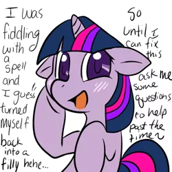Size: 500x500 | Tagged: artist:lustrous-dreams, ask, ask filly twilight, derpibooru import, filly, safe, solo, tumblr, twilight sparkle, younger
