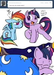 Size: 650x900 | Tagged: safe, artist:lustrous-dreams, derpibooru import, rainbow dash, twilight sparkle, pegasus, pony, unicorn, ask filly twilight, ask, bed, cute, dream, duo, female, filly, giggling, mare, sleeping, tumblr, younger