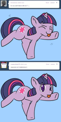 Size: 650x1300 | Tagged: safe, artist:lustrous-dreams, derpibooru import, twilight sparkle, ask filly twilight, :p, adorkable, animated, ask, blue background, comic, cute, dancing, do the sparkle, dork, eyes closed, filly, frown, looking at you, master shake, raised hoof, raised leg, simple background, smiling, solo, tongue out, tumblr, twiabetes, underhoof, younger
