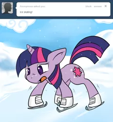 Size: 650x700 | Tagged: safe, artist:lustrous-dreams, derpibooru import, twilight sparkle, unicorn, ask filly twilight, ask, cutie mark, filly, ice, ice skates, ice skating, solo, tumblr, younger