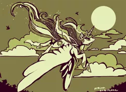 Size: 1200x881 | Tagged: artist:mocha-shortcake, derpibooru import, flying, large wings, monochrome, moon, pixiv, princess celestia, safe, solo