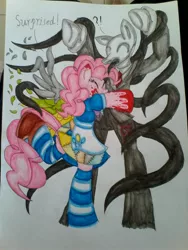 Size: 1200x1600 | Tagged: safe, artist:w.wheat, derpibooru import, pinkie pie, pony, fanfic:cupcakes, bipedal, blood, clothes, cutie mark dress, pixiv, slenderman, traditional art