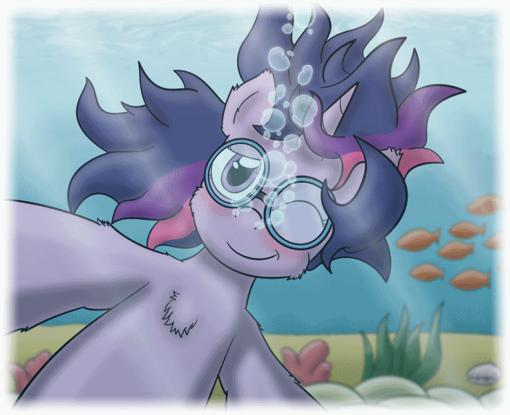 Size: 738x600 | Tagged: safe, artist:whirring gears, derpibooru import, twilight sparkle, fish, unicorn, bubble, colors:crowley, fanfic art, goggles, solo, swimming goggles, underwater, unicorn twilight