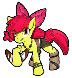 Size: 857x932 | Tagged: safe, artist:flam3zero, derpibooru import, apple bloom, alternate hairstyle, boomerang, clothes, cosplay, costume, crossover, grin, pigtails, simple background, smirk, solo, sonic boom, sonic the hedgehog (series), sticks the badger, style emulation, transparent background, yuji uekawa style