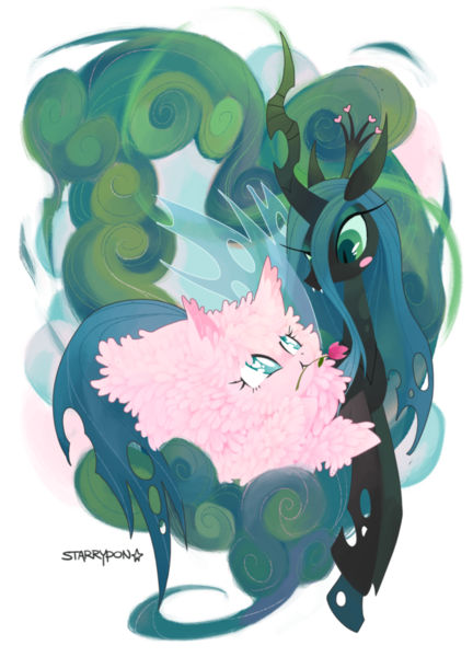 Size: 759x1054 | Tagged: safe, artist:starrypon, derpibooru import, queen chrysalis, oc, oc:fluffle puff, changeling, changeling queen, pony, blushing, canon x oc, chrysipuff, crown, cute, cutealis, ear fluff, female, flower, flower in mouth, flufflebetes, hnnng, jewelry, lesbian, looking at each other, mouth hold, regalia, shipping, simple background, white background