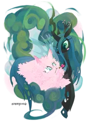 Size: 759x1054 | Tagged: safe, artist:starrypon, derpibooru import, queen chrysalis, oc, oc:fluffle puff, changeling, changeling queen, pony, blushing, canon x oc, chrysipuff, crown, cute, cutealis, ear fluff, female, flower, flower in mouth, flufflebetes, hnnng, jewelry, lesbian, looking at each other, mouth hold, regalia, shipping, simple background, white background