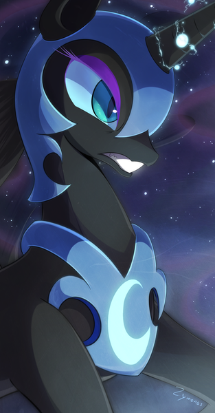 Size: 522x1000 | Tagged: safe, artist:zymonasyh, derpibooru import, nightmare moon, pony, bust, female, glowing horn, horn, mare, solo