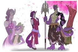 Size: 3600x2400 | Tagged: safe, artist:smilingdogz, derpibooru import, rarity, spike, anthro, dragon, unguligrade anthro, abs, ambiguous facial structure, bare chest, cherry blossoms, clothes, cloven hooves, dress, female, grin, halberd, male, manly, older, pants, prehensile tail, shipping, simple background, smiling, sparity, spear, straight, tail hold, tattoo, topless, tree, unshorn fetlocks, weapon, white background
