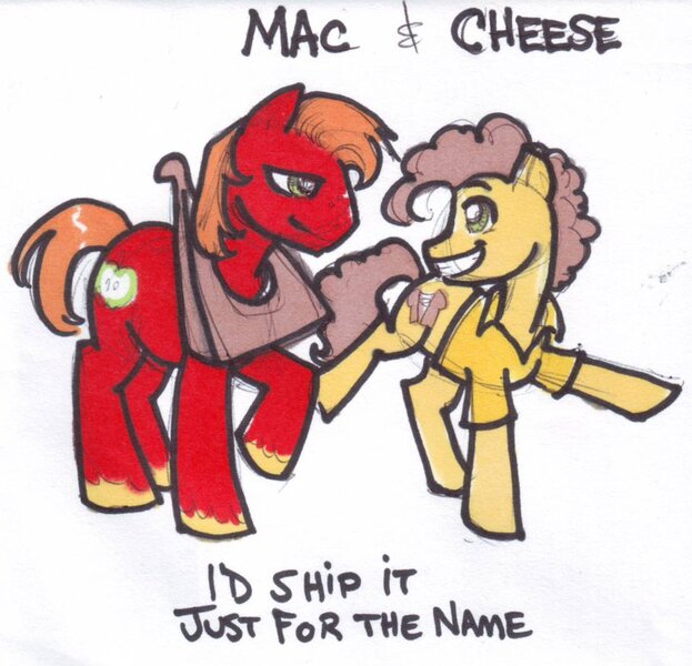 Size: 911x877 | Tagged: safe, artist:zaionczyk, derpibooru import, big macintosh, cheese sandwich, earth pony, pony, gay, joke shipping, mac n cheese, male, pun, shipping, stallion