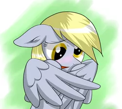Size: 2757x2467 | Tagged: safe, artist:nekokevin, derpibooru import, derpy hooves, pegasus, pony, blushing, covering, cute, derpabetes, embarrassed, female, floppy ears, mare, open mouth, shy, smiling, solo, wing hands, wings