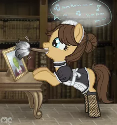 Size: 578x618 | Tagged: safe, artist:mcponyponypony, derpibooru import, oc, oc:anon, oc:morning glory, unofficial characters only, earth pony, pony, anon in equestria, clothes, dusting, female, fishnets, library, maid, mare, office, singing, solo