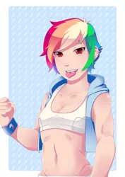 Size: 600x849 | Tagged: suggestive, artist:r0cket-cat, derpibooru import, rainbow dash, human, breasts, delicious flat chest, eyebrow piercing, female, humanized, piercing, rainbow flat, short hair, solo, tongue out, tongue piercing