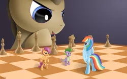 Size: 3840x2400 | Tagged: safe, artist:roadsleadme, derpibooru import, doctor whooves, rainbow dash, scootaloo, spike, time turner, pegasus, pony, bipedal, chess, chessboard, micro