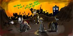 Size: 1792x900 | Tagged: semi-grimdark, artist:masterjosh140, derpibooru import, derpy hooves, doctor whooves, time turner, oc, oc:blackjack, oc:littlepip, cyborg, earth pony, pegasus, pony, unicorn, fallout equestria, fanfic, angry mob, blood, clothes, crossover, doctor who, fanfic art, female, glowing horn, gun, handgun, hooves, horn, levitation, little macintosh, magic, male, mare, open mouth, optical sight, pipbuck, police box, revolver, robot legs, shotgun, stallion, suit, tardis, telekinesis, time lord, vault suit, weapon
