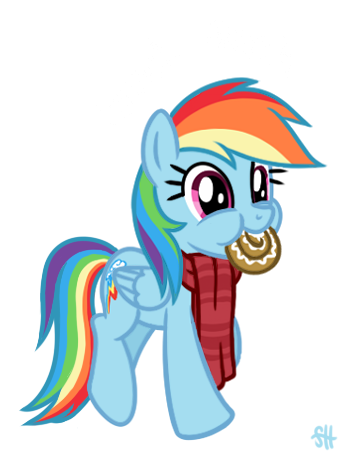 Size: 346x452 | Tagged: safe, artist:sorcerushorserus, derpibooru import, rainbow dash, comic:dash academy, :t, cinnamon bun, clothes, cute, dashabetes, eating, happy, nom, puffy cheeks, scarf, simple background, smiling, solo, transparent background, walking