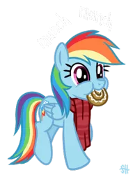 Size: 346x452 | Tagged: safe, artist:sorcerushorserus, derpibooru import, rainbow dash, comic:dash academy, :t, cinnamon bun, clothes, cute, dashabetes, eating, happy, nom, puffy cheeks, scarf, simple background, smiling, solo, transparent background, walking