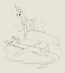 Size: 882x1000 | Tagged: safe, artist:celestiathegreatest, derpibooru import, discord, princess celestia, alicorn, draconequus, pony, bed, celestia is not amused, cute, duo, monochrome, unamused