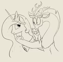 Size: 900x886 | Tagged: safe, artist:celestiathegreatest, derpibooru import, discord, princess celestia, dislestia, female, male, monochrome, shipping, straight