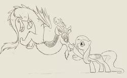 Size: 1200x735 | Tagged: artist:celestiathegreatest, boop, derpibooru import, discord, eye contact, floating, fluttershy, lineart, monochrome, safe, smiling