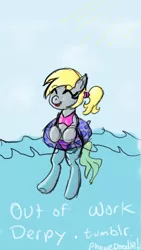 Size: 422x750 | Tagged: safe, artist:outofworkderpy, derpibooru import, derpy hooves, pegasus, pony, 30 minute art challenge, alternate hairstyle, eyes closed, female, floaty, happy, inner tube, mare, ponytail, smiling, solo, water