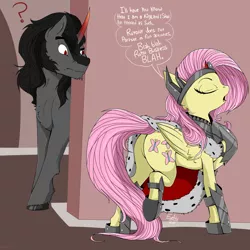 Size: 2000x2000 | Tagged: accessory swap, armor, artist:evehly, cape, clothes, crown, derpibooru import, eyes closed, female, fluffy, fluttershy, frown, king sombra, male, mocking, open mouth, plot, question mark, quizzaciously, raised eyebrow, raised hoof, raised leg, safe, shipping, sombrashy, speech bubble, straight