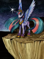 Size: 770x1038 | Tagged: safe, artist:divinekitten, derpibooru import, twilight sparkle, twilight sparkle (alicorn), alicorn, pony, alone, cliff, female, immortality blues, mare, night, sharp horn, solo, traditional art