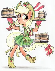 Size: 900x1178 | Tagged: applejack, artist:oriwhitedeer, braided tail, cider, derpibooru import, looking at you, pie, pigtails, prehensile tail, safe, semi-anthro, smiling, solo, traditional art, twintails