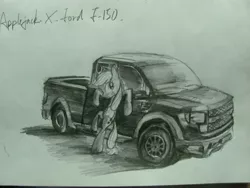 Size: 3648x2736 | Tagged: applejack, artist:lililioon, car, derpibooru import, ford, ford f-150, ford f-150 svt raptor, monochrome, safe, solo, traditional art, vehicle