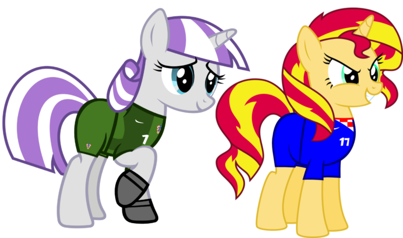 Size: 1024x605 | Tagged: safe, artist:ironm17, derpibooru import, sunset shimmer, twilight velvet, pony, unicorn, clothes, croatia, football, glare, gloves, grin, jersey, raised hoof, short-sleeved goalkeeper jersey, simple background, smiling, smirk, transparent background, world cup