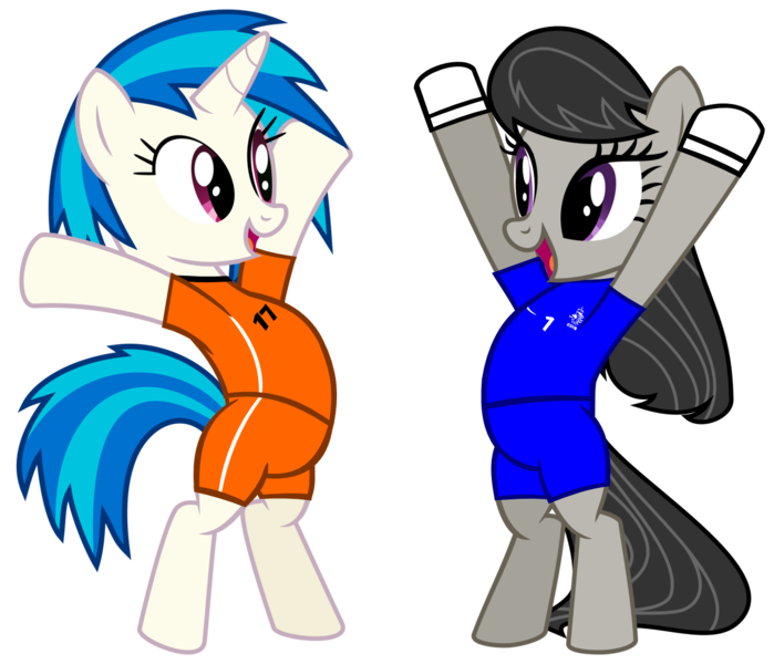 Size: 1280x1098 | Tagged: safe, artist:ironm17, derpibooru import, octavia melody, vinyl scratch, bipedal, clothes, football, gloves, image, jersey, netherlands, png, short-sleeved goalkeeper jersey, world cup