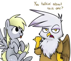 Size: 500x427 | Tagged: safe, derpibooru import, derpy hooves, gilda, gryphon, pegasus, pony, ask, derp, female, gilda replies, grumpy, mare, open mouth, pointing, smiling, spread wings, tongue out, tumblr, wings