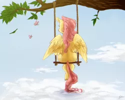 Size: 1000x800 | Tagged: artist:xarakayx, behind, butterfly, cloud, cloudy, derpibooru import, flutterbutt, fluttershy, rear view, safe, solo, swing, tree, tree branch