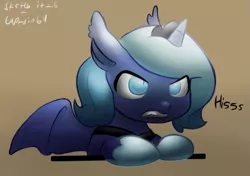 Size: 715x502 | Tagged: dead source, safe, artist:captain64, artist:ende26, derpibooru import, princess luna, alicorn, bat pony, bat pony alicorn, angry, brown background, ear tufts, filly, frown, glare, gritted teeth, hissing, leaning, lunabat, race swap, simple background, solo, spread wings, woona, younger