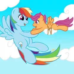 Size: 1000x1000 | Tagged: artist:sky-sketch, cloud, cloudy, derpibooru import, flying lesson, rainbow dash, rope, safe, scootaloo, scootalove, training cloud