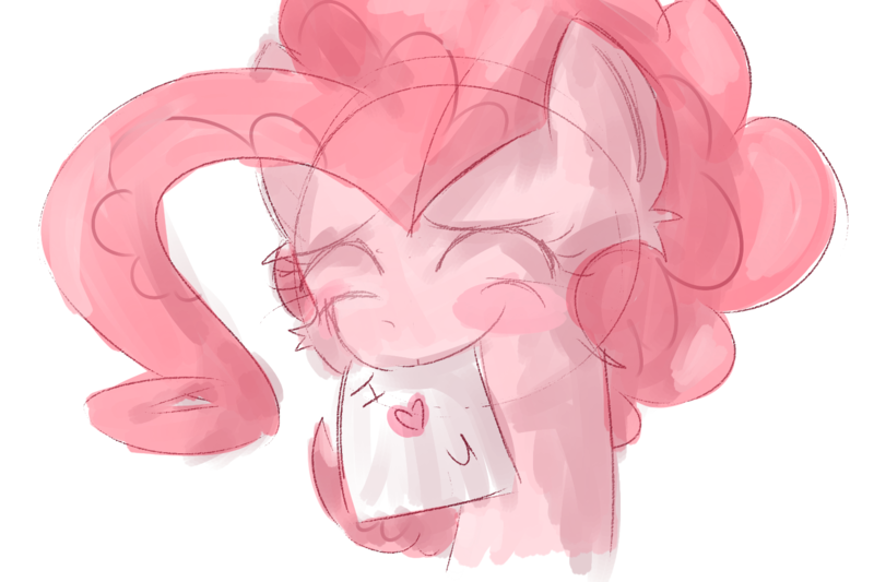 Size: 1500x1000 | Tagged: artist:strabarybrick, blushing, colored, colored sketch, cute, derpibooru import, diapinkes, eyes closed, heart, i love you, love letter, mouth hold, pinkie pie, safe, simple background, sketch, smiling, solo, transparent background, valentine, valentine's day