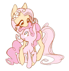 Size: 777x794 | Tagged: safe, artist:chop4, derpibooru import, fluttershy, pinkie pie, earth pony, pegasus, pony, cute, diapinkes, eye contact, female, floral head wreath, flower, flower in hair, flutterpie, hug, lesbian, looking at each other, looking up, mare, missing cutie mark, open mouth, ponk, raised hoof, raised leg, shipping, simple background, size difference, smiling, transparent background
