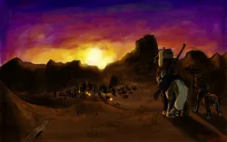 Size: 1432x900 | Tagged: a boy and his dog, applejack, artist:masterjosh140, bandage, collar, derpibooru import, desert, dog collar, gun, hat, pet, post-apocalyptic, rifle, ruins, safe, sign, sunset, winona